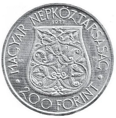 200 forintos ezüst emlékérme a rakamazi tarsolylemezzel. (1977)